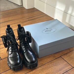 Prada Women's Monolith Leather and Re-Nylon Combat Boots